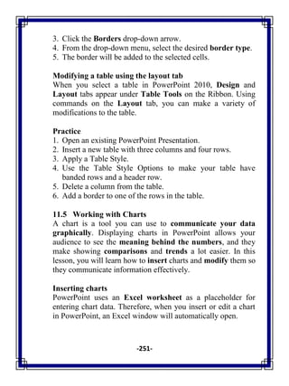 -251-
3. Click the Borders drop-down arrow.
4. From the drop-down menu, select the desired border type.
5. The border will be added to the selected cells.
Modifying a table using the layout tab
When you select a table in PowerPoint 2010, Design and
Layout tabs appear under Table Tools on the Ribbon. Using
commands on the Layout tab, you can make a variety of
modifications to the table.
Practice
1. Open an existing PowerPoint Presentation.
2. Insert a new table with three columns and four rows.
3. Apply a Table Style.
4. Use the Table Style Options to make your table have
banded rows and a header row.
5. Delete a column from the table.
6. Add a border to one of the rows in the table.
11.5 Working with Charts
A chart is a tool you can use to communicate your data
graphically. Displaying charts in PowerPoint allows your
audience to see the meaning behind the numbers, and they
make showing comparisons and trends a lot easier. In this
lesson, you will learn how to insert charts and modify them so
they communicate information effectively.
Inserting charts
PowerPoint uses an Excel worksheet as a placeholder for
entering chart data. Therefore, when you insert or edit a chart
in PowerPoint, an Excel window will automatically open.
 