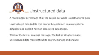 Unstructured data
A much bigger percentage of all the data is our world is unstructured data.
Unstructured data is data th...