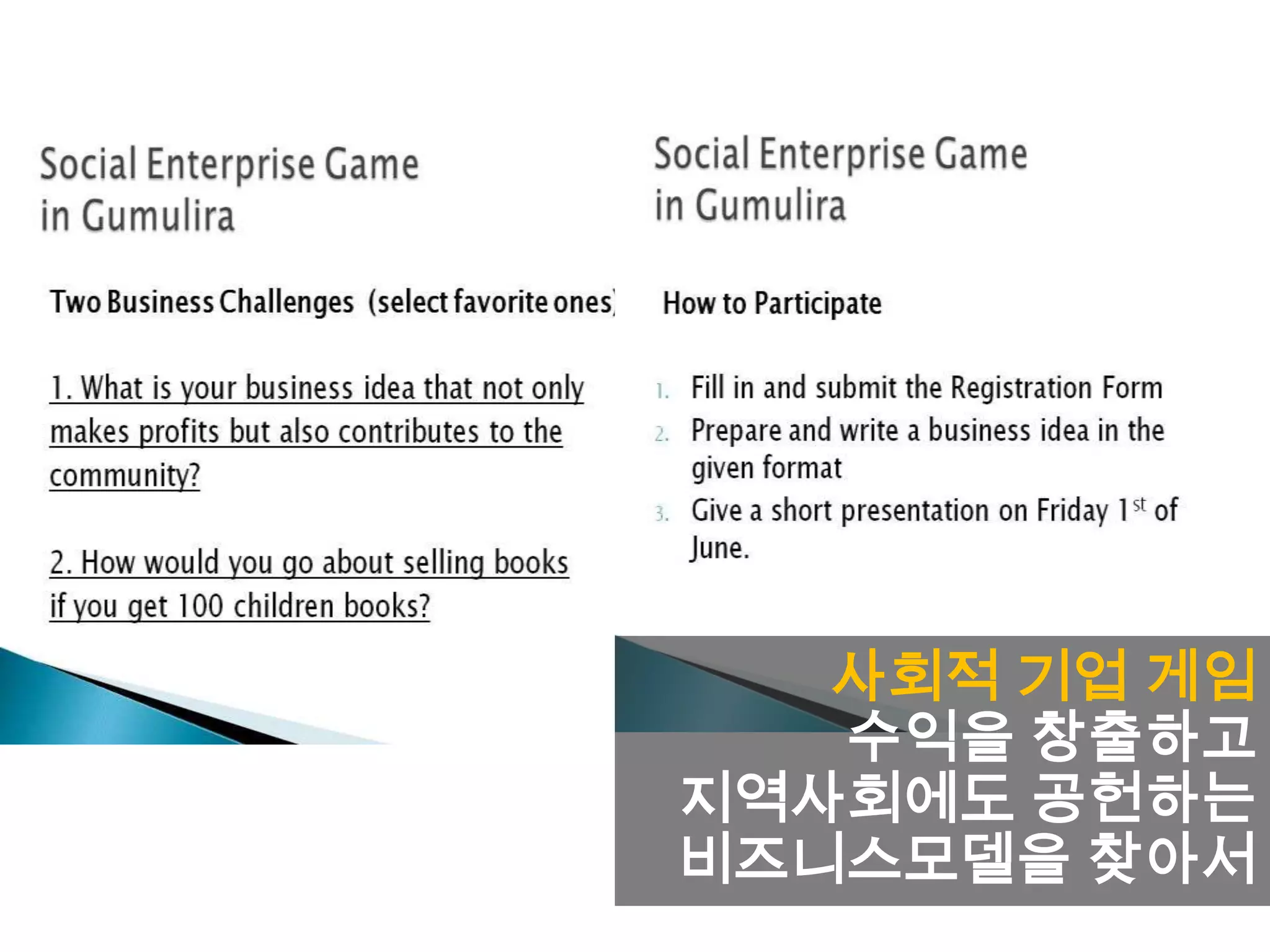 사회적 기업 게임
수익을 창출하고
지역사회에도 공헌하는
비즈니스모델을 찾아서
 