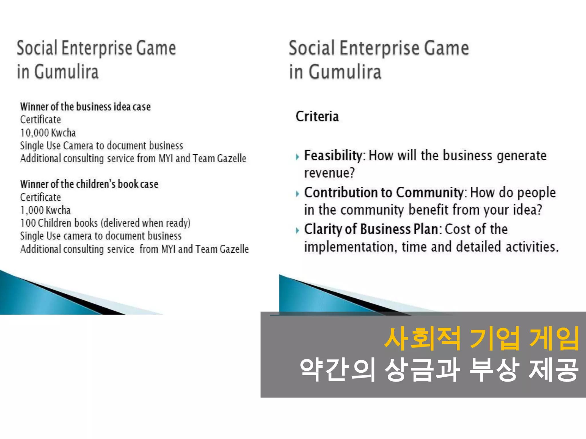 사회적 기업 게임
약간의 상금과 부상 제공
 