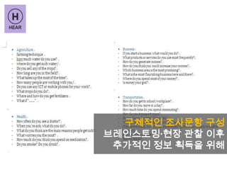 구체적인 조사문항 구성
브레인스토밍·현장 관찰 이후
추가적인 정보 획득을 위해
 