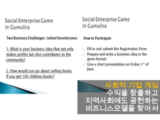 사회적 기업 게임
수익을 창출하고
지역사회에도 공헌하는
비즈니스모델을 찾아서
 