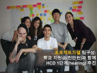프로젝트가젤 팀구성:
학교 지원금(천만원)과 함께
HCD 1단계(hearing) 추진
 