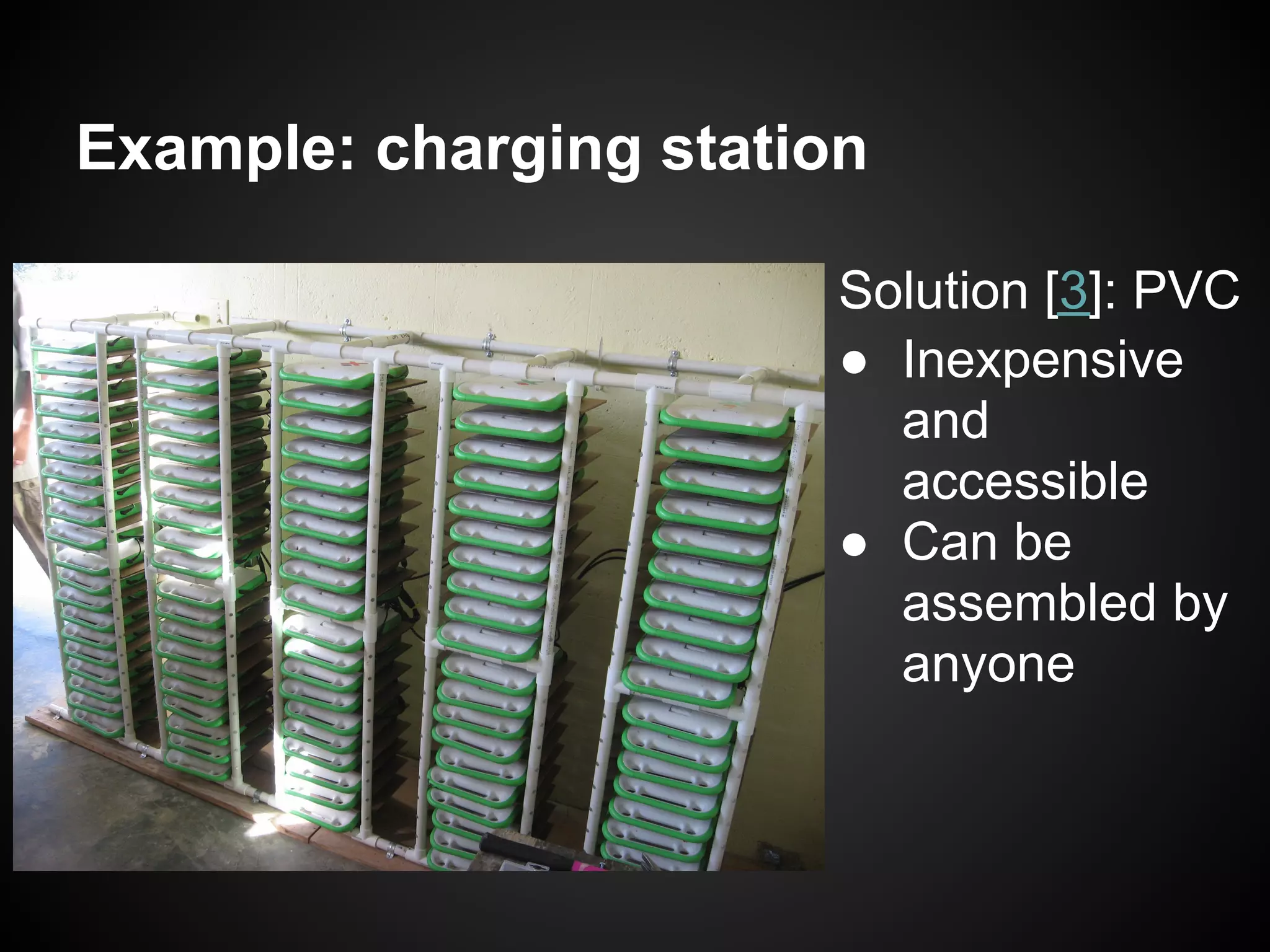 Example: charging station

                        Solution [3]: PVC
                        ● Inexpensive
                          and
                          accessible
                        ● Can be
                          assembled by
                          anyone
 