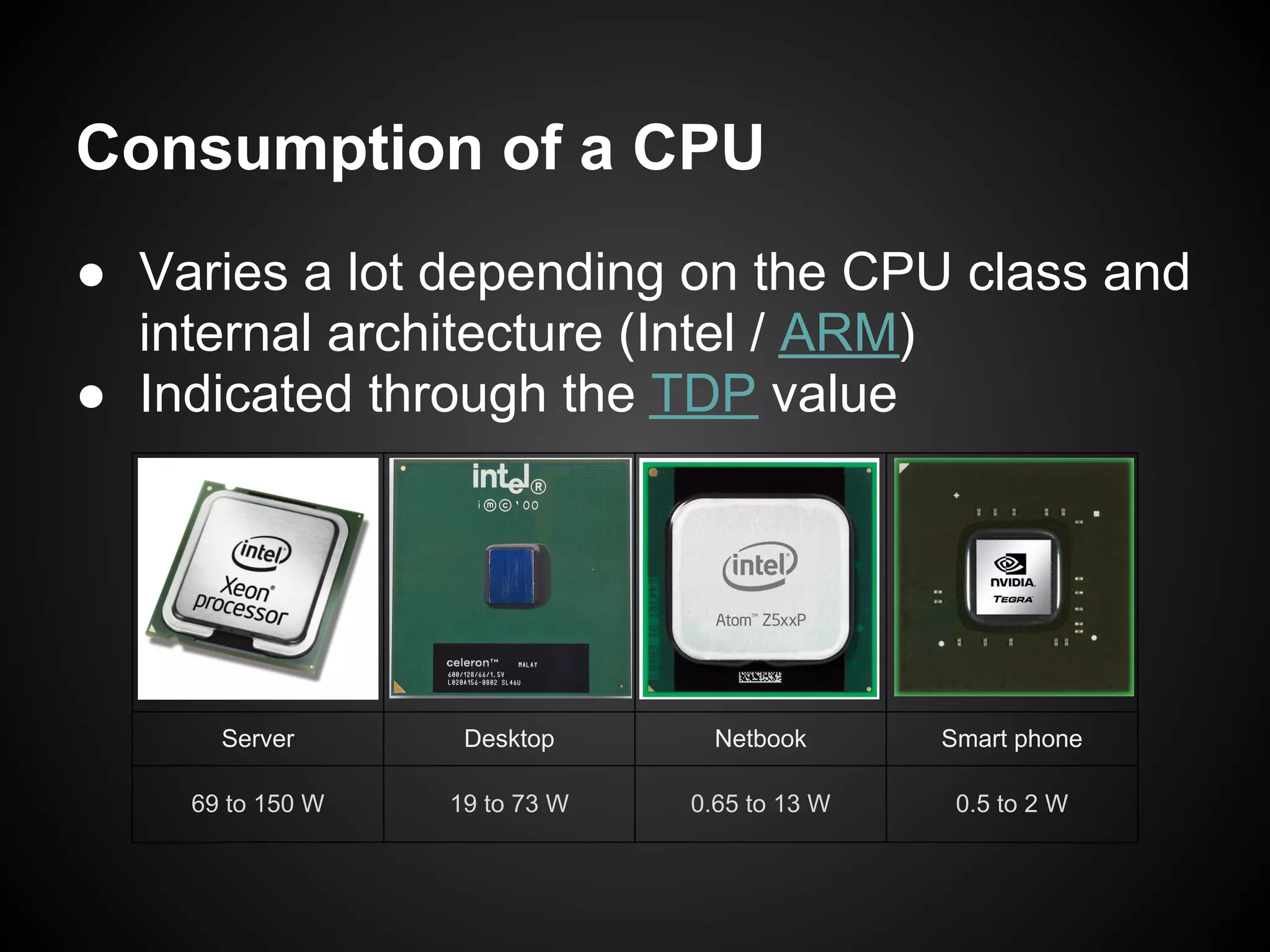 Consumption of a CPU
● Varies a lot depending on the CPU class and
  internal architecture (Intel / ARM)
● Indicated through the TDP value




      Server       Desktop       Netbook      Smart phone

    69 to 150 W   19 to 73 W   0.65 to 13 W    0.5 to 2 W
 