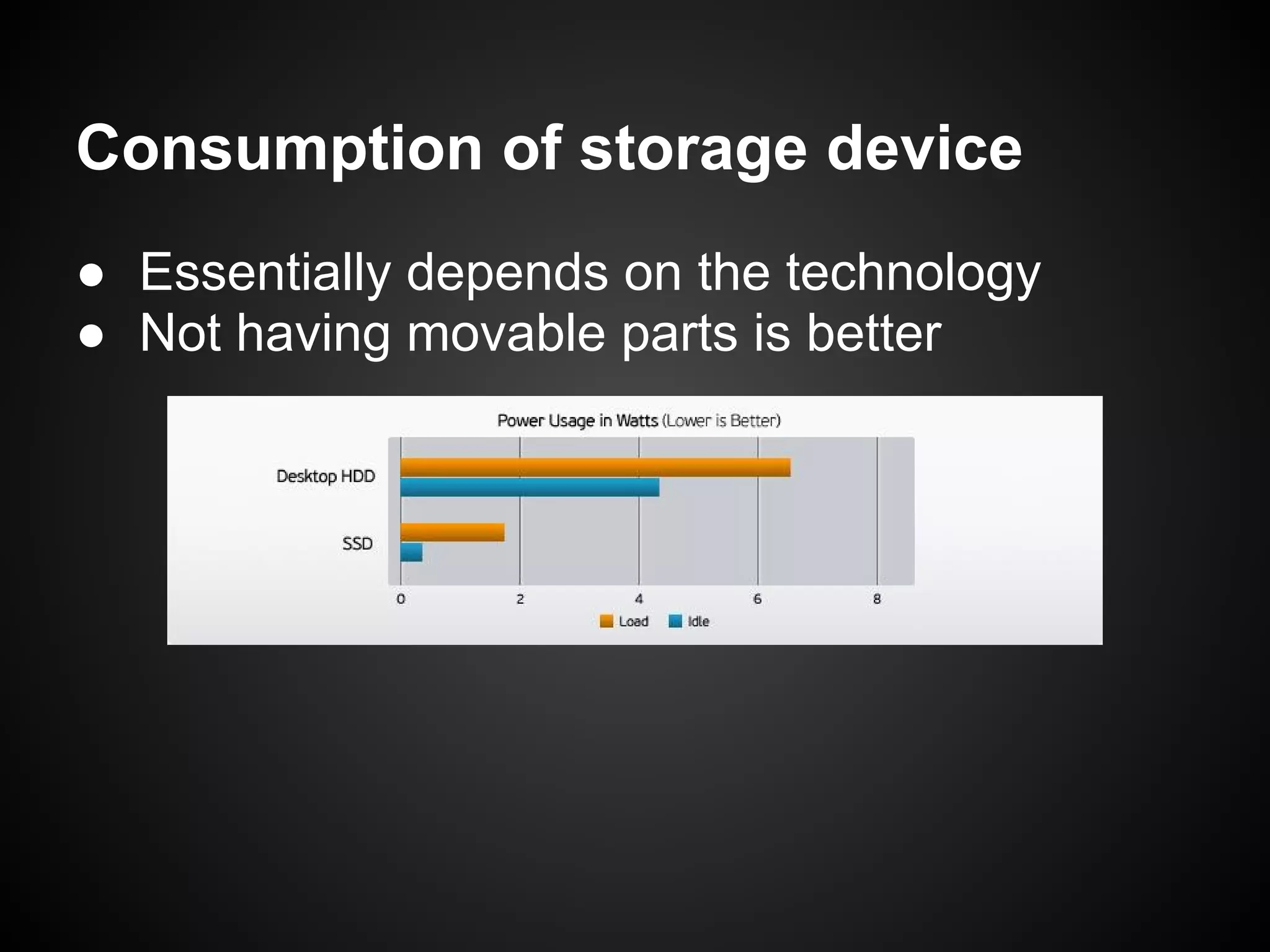 Consumption of storage device
● Essentially depends on the technology
● Not having movable parts is better
 