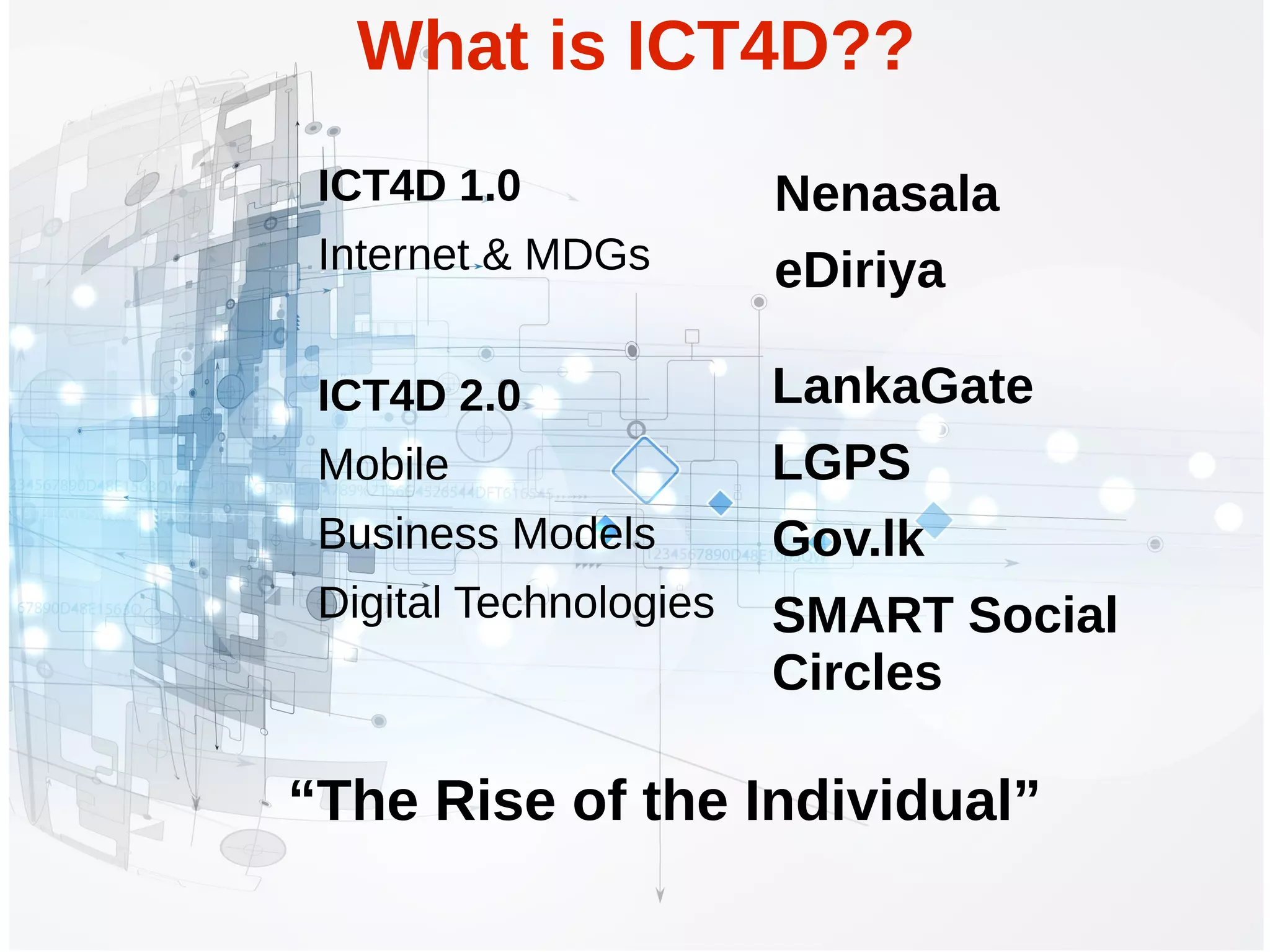 ICT4D 1.0
Internet & MDGs
ICT4D 2.0
Mobile
Business Models
Digital Technologies
Nenasala
eDiriya
LankaGate
LGPS
Gov.lk
SMART Social
Circles
“The Rise of the Individual”
What is ICT4D??
 