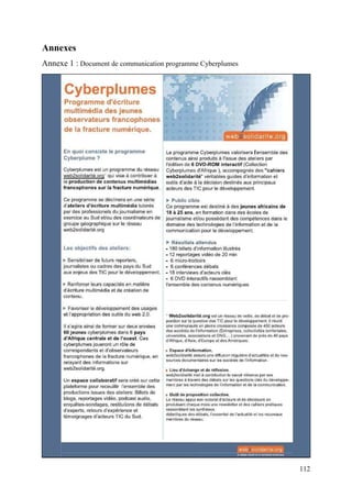 Annexes
Annexe 1 : Document de communication programme Cyberplumes




                                                             112
 