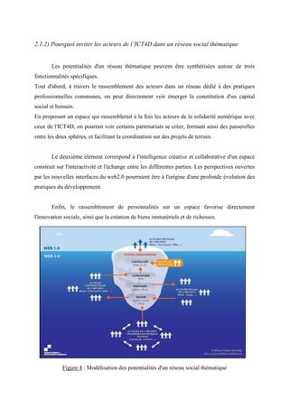 2.1.2) Pourquoi inviter les acteurs de l’ICT4D dans un réseau social thématique


       Les potentialités d'un réseau thématique peuvent être synthétisées autour de trois
fonctionnalités spécifiques.
Tout d'abord, à travers le rassemblement des acteurs dans un réseau dédié à des pratiques
professionnelles communes, on peut directement voir émerger la constitution d'un capital
social et humain.
En proposant un espace qui rassemblerait à la fois les acteurs de la solidarité numérique avec
ceux de l'ICT4D, on pourrait voir certains partenariats se créer, formant ainsi des passerelles
entre les deux sphères, et facilitant la coordination sur des projets de terrain.


       Le deuxième élément correspond à l'intelligence créative et collaborative d'un espace
construit sur l'interactivité et l'échange entre les différentes parties. Les perspectives ouvertes
par les nouvelles interfaces du web2.0 pourraient être à l'origine d'une profonde évolution des
pratiques du développement.


       Enfin, le rassemblement de personnalités sur un espace favorise directement
l'innovation sociale, ainsi que la création de biens immatériels et de richesses.




            Figure 4 : Modélisation des potentialités d'un réseau social thématique
 