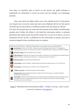Cette phase est essentielle, dans la mesure où elle assurera une qualité technique et
intellectuelle aux informations et savoirs qui seront issus des échanges sur la thématique
présentée.


        Ainsi, pour chacun des débats réalisés, nous avons identifié environ 10 intervenants,
avec lesquels nous avons pris contact (par mail ou par téléphone) afin de leur faire part de
l'invitation qui leur était destinée, et de définir la manière dont nous allions les solliciter.
C'est dans cette première prise de contact qu'il était question de bien définir la problématique
proposée pour le débat, afin d'attirer le réel intérêt des intervenants témoins, en précisant
précisément dans quelle mesure leurs profils seraient mis en avant sur le réseau, à savoir la
présentation de leurs activités, la publication de leurs interventions en primeur, ainsi que la
restitution intégrale de leurs contributions dans les synthèses.




 Figure 9 : Présentation des invités témoins du débat : "réemploi, recyclage : quelle seconde
                             vie pour les ordinateurs" (cf. annexe 2).




                                                                                                   86
 