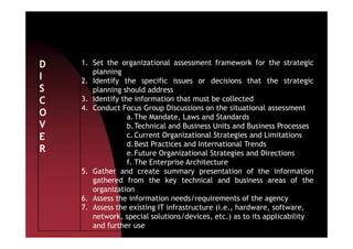 D
I
S
C
O
V
1. Set the organizational assessment framework for the strategic
planning
2. Identify the specific issues or decisions that the strategic
planning should address
3. Identify the information that must be collected
4. Conduct Focus Group Discussions on the situational assessment
a.The Mandate, Laws and Standards
b.Technical and Business Units and Business ProcessesV
E
R
b.Technical and Business Units and Business Processes
c.Current Organizational Strategies and Limitations
d.Best Practices and International Trends
e.Future Organizational Strategies and Directions
f. The Enterprise Architecture
5. Gather and create summary presentation of the information
gathered from the key technical and business areas of the
organization
6. Assess the information needs/requirements of the agency
7. Assess the existing IT infrastructure (i.e., hardware, software,
network, special solutions/devices, etc.) as to its applicability
and further use
 