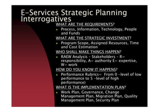 WHAT ARE THE REQUIREMENTS?
Process, Information, Technology, People
and Funds
WHAT ARE THE STRATEGIC INVESTMENT?
Program Scope, Assigned Resources, Time
and Cost Estimation
WHO SHALL MAKE THINGS HAPPEN?
RAEW Analysis – Stakeholders – R=
EEEE----Services Strategic PlanningServices Strategic PlanningServices Strategic PlanningServices Strategic Planning
InterrogativesInterrogativesInterrogativesInterrogatives
RAEW Analysis – Stakeholders – R=
responsibility, A= authority E= expertise,
W= work
HOW DO YOU KNOW IT HAPPENS?
Performance Rubrics= From 0 -level of low
performance to 5 -level of high
performance)
WHAT IS THE IMPLEMENTATION PLAN?
Work Plan, Governance, Change
Management Plan, Migration Plan, Quality
Management Plan, Security Plan
 