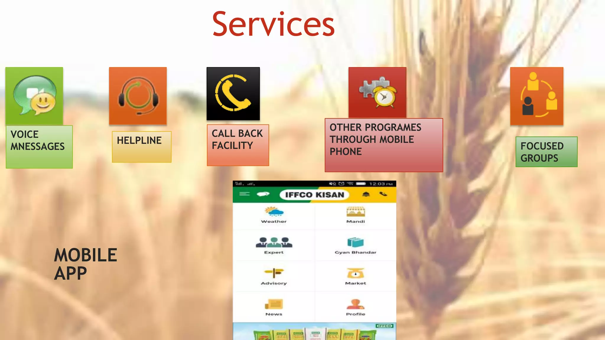 Services
VOICE
MNESSAGES
HELPLINE
CALL BACK
FACILITY
OTHER PROGRAMES
THROUGH MOBILE
PHONE
FOCUSED
GROUPS
MOBILE
APP
 