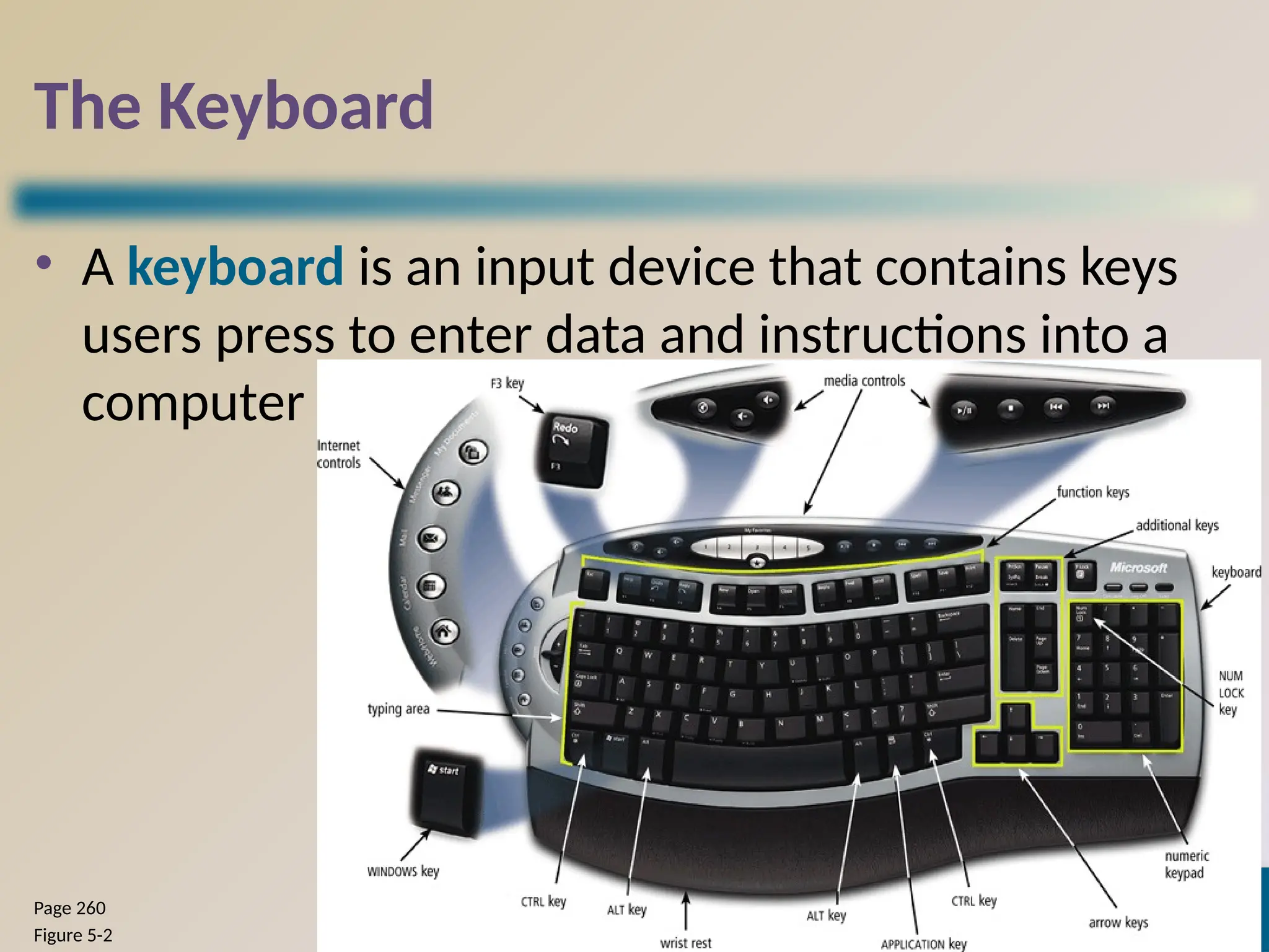 7
The Keyboard
• A keyboard is an input device that contains keys
users press to enter data and instructions into a
computer
Discovering Computers 2012: Chapter 5
Page 260
Figure 5-2
 