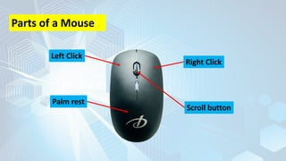 Parts of a Mouse
Left Click
Right Click
Palm rest
Scroll button
 