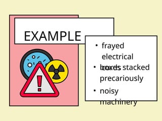 EXAMPLE
• frayed
electrical
cords
• boxes stacked
precariously
• noisy
machinery
 