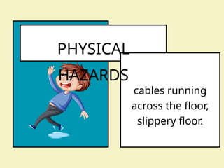 PHYSICAL
HAZARDS
cables running
across the floor,
slippery floor.
 