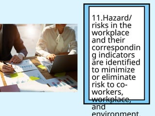 11.Hazard/
risks in the
workplace
and their
correspondin
g indicators
are identified
to minimize
or eliminate
risk to co‐
workers,
workplace,
and
 