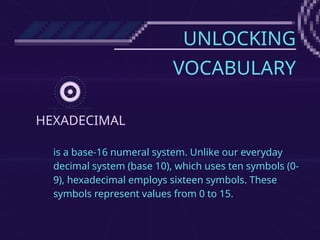 UNLOCKING
VOCABULARY
HEXADECIMAL
is a base-16 numeral system. Unlike our everyday
decimal system (base 10), which uses ten symbols (0-
9), hexadecimal employs sixteen symbols. These
symbols represent values from 0 to 15.
 