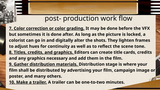 post- production work flow
7. Color correction or color grading. It may be done before the VFX
but sometimes it is done after. As long as the picture is locked, a
colorist can go in and digitally alter the shots. They lighten frames
to adjust hues for continuity as well as to reflect the scene tone.
8. Titles, credits, and graphics. Editors can create title cards, credits
and any graphics necessary and add them in the film.
9. Gather distribution materials. Distribution stage is where your
film shall be distributed by advertising your film, campaign image or
poster, and many others.
10. Make a trailer. A trailer can be one-to-two minutes.
 