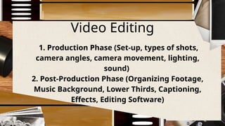 Video Editing
1. Production Phase (Set-up, types of shots,
camera angles, camera movement, lighting,
sound)
2. Post-Production Phase (Organizing Footage,
Music Background, Lower Thirds, Captioning,
Effects, Editing Software)
 