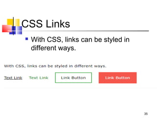 CSS Links
 With CSS, links can be styled in
different ways.
35
 