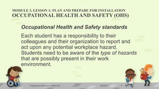 MODULE 3, LESSON 1: PLAN AND PREPARE FOR INSTALLATION
OCCUPATIONAL HEALTH AND SAFETY (OHS)
Occupational Health and Safety standards
Each student has a responsibility to their
colleagues and their organization to report and
act upon any potential workplace hazard.
Students need to be aware of the type of hazards
that are possibly present in their work
environment.
6/20/2017Prepared by LMCadapan KNHS 2017 4
 