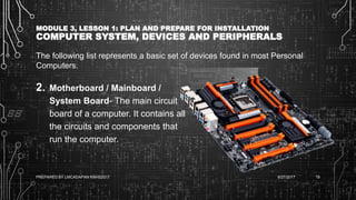 MODULE 3, LESSON 1: PLAN AND PREPARE FOR INSTALLATION
COMPUTER SYSTEM, DEVICES AND PERIPHERALS
The following list represents a basic set of devices found in most Personal
Computers.
2. Motherboard / Mainboard /
System Board- The main circuit
board of a computer. It contains all
the circuits and components that
run the computer.
6/27/2017PREPARED BY LMCADAPAN KNHS2017 19
 