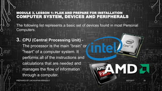 MODULE 3, LESSON 1: PLAN AND PREPARE FOR INSTALLATION
COMPUTER SYSTEM, DEVICES AND PERIPHERALS
The following list represents a basic set of devices found in most Personal
Computers.
3. CPU (Central Processing Unit) -
The processor is the main “brain” or
“heart” of a computer system. It
performs all of the instructions and
calculations that are needed and
manages the flow of information
through a computer.
6/27/2017PREPARED BY LMCADAPAN KNHS2017 20
 