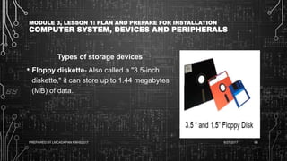 MODULE 3, LESSON 1: PLAN AND PREPARE FOR INSTALLATION
COMPUTER SYSTEM, DEVICES AND PERIPHERALS
Types of storage devices
• Floppy diskette- Also called a "3.5-inch
diskette," it can store up to 1.44 megabytes
(MB) of data.
6/27/2017PREPARED BY LMCADAPAN KNHS2017 66
 