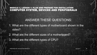 MODULE 3, LESSON 1: PLAN AND PREPARE FOR INSTALLATION
COMPUTER SYSTEM, DEVICES AND PERIPHERALS
ANSWER THESE QUESTIONS:
1. What are the different types of motherboard shown in the
video?
2. What are the different sizes of a motherboard?
3. What are the different types of CPU?
6/27/2017PREPARED BY LMCADAPAN KNHS2017 94
 