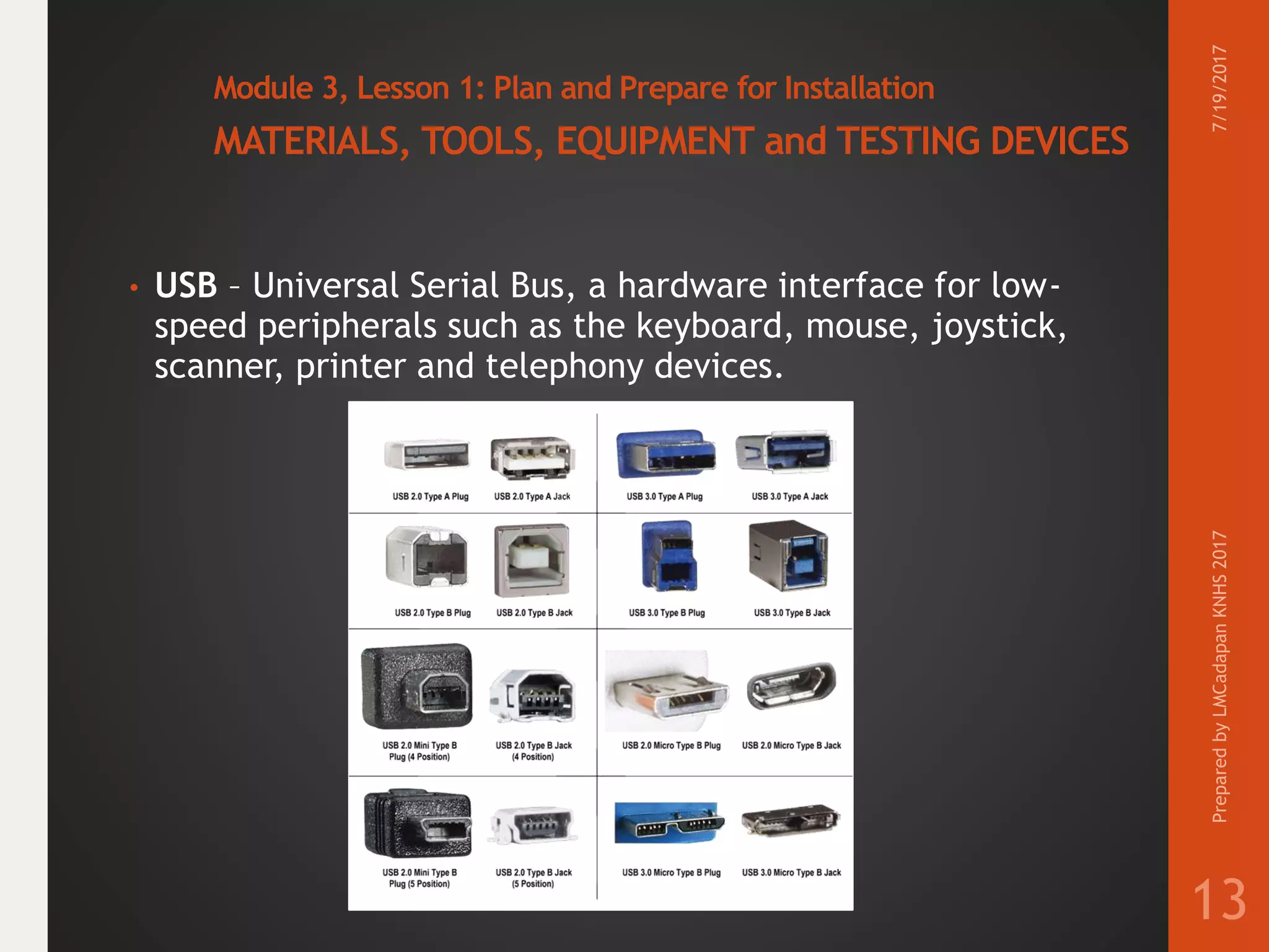 Module 3, Lesson 1: Plan and Prepare for Installation
MATERIALS, TOOLS, EQUIPMENT and TESTING DEVICES
• USB – Universal Serial Bus, a hardware interface for low-
speed peripherals such as the keyboard, mouse, joystick,
scanner, printer and telephony devices.
7/19/2017PreparedbyLMCadapanKNHS2017
13
 