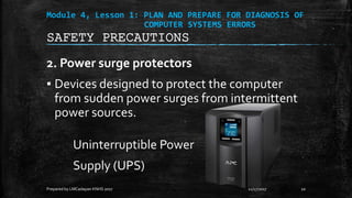 Module 4, Lesson 1: PLAN AND PREPARE FOR DIAGNOSIS OF
COMPUTER SYSTEMS ERRORS
2. Power surge protectors
▪ Devices designed to protect the computer
from sudden power surges from intermittent
power sources.
Uninterruptible Power
Supply (UPS)
11/17/2017
Prepared by LMCadapan KNHS 2017 10
SAFETY PRECAUTIONS
 