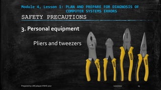 Module 4, Lesson 1: PLAN AND PREPARE FOR DIAGNOSIS OF
COMPUTER SYSTEMS ERRORS
3. Personal equipment
Pliers and tweezers
11/17/2017
Prepared by LMCadapan KNHS 2017 13
SAFETY PRECAUTIONS
 