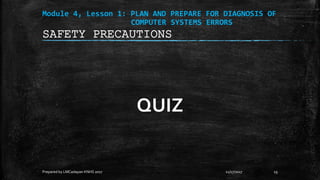 Module 4, Lesson 1: PLAN AND PREPARE FOR DIAGNOSIS OF
COMPUTER SYSTEMS ERRORS
QUIZ
11/17/2017
Prepared by LMCadapan KNHS 2017 19
SAFETY PRECAUTIONS
 