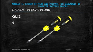 Module 4, Lesson 1: PLAN AND PREPARE FOR DIAGNOSIS OF
COMPUTER SYSTEMS ERRORS
QUIZ
4.
11/17/2017
Prepared by LMCadapan KNHS 2017 24
SAFETY PRECAUTIONS
 