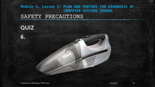 Module 4, Lesson 1: PLAN AND PREPARE FOR DIAGNOSIS OF
COMPUTER SYSTEMS ERRORS
QUIZ
6.
11/17/2017
Prepared by LMCadapan KNHS 2017 26
SAFETY PRECAUTIONS
 