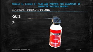 Module 4, Lesson 1: PLAN AND PREPARE FOR DIAGNOSIS OF
COMPUTER SYSTEMS ERRORS
QUIZ
7.
11/17/2017
Prepared by LMCadapan KNHS 2017 27
SAFETY PRECAUTIONS
 