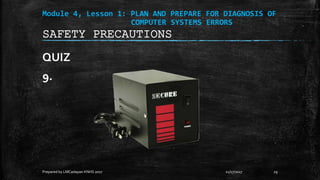 Module 4, Lesson 1: PLAN AND PREPARE FOR DIAGNOSIS OF
COMPUTER SYSTEMS ERRORS
QUIZ
9.
11/17/2017
Prepared by LMCadapan KNHS 2017 29
SAFETY PRECAUTIONS
 
