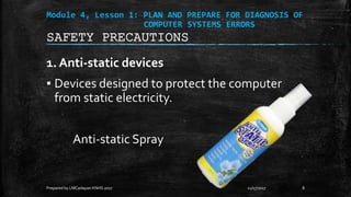 Module 4, Lesson 1: PLAN AND PREPARE FOR DIAGNOSIS OF
COMPUTER SYSTEMS ERRORS
1. Anti-static devices
▪ Devices designed to protect the computer
from static electricity.
Anti-static Spray
11/17/2017
Prepared by LMCadapan KNHS 2017 8
SAFETY PRECAUTIONS
 
