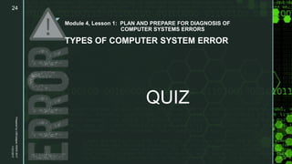 z
Module 4, Lesson 1: PLAN AND PREPARE FOR DIAGNOSIS OF
COMPUTER SYSTEMS ERRORS
TYPES OF COMPUTER SYSTEM ERROR
QUIZ
11/21/2017
PreparedbyLMCadapanKNHS2017
24
 