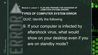 z
Module 4, Lesson 1: PLAN AND PREPARE FOR DIAGNOSIS OF
COMPUTER SYSTEMS ERRORS
TYPES OF COMPUTER SYSTEM ERROR
QUIZ: Identify the following
9. If your computer is infected by
aftershock virus, what would
show on your desktop even if you
are on standby mode?
11/21/2017
PreparedbyLMCadapanKNHS2017
33
 