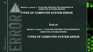 z
Module 4, Lesson 1: PLAN AND PREPARE FOR DIAGNOSIS OF
COMPUTER SYSTEMS ERRORS
TYPES OF COMPUTER SYSTEM ERROR
End of
Module 4, Lesson 1: PLAN AND PREPARE FOR DIAGNOSIS OF
COMPUTER SYSTEMS ERRORS
TYPES OF COMPUTER SYSTEM ERROR
11/21/2017
PreparedbyLMCadapanKNHS2017
39
 