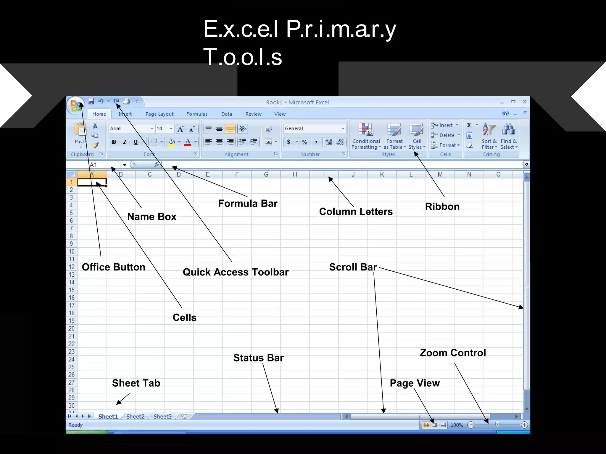 Sheet Tab
Status Bar
Zoom Control
Scroll Bar
Formula Bar
Name Box
Quick Access Toolbar
Office Button
Column Letters
Ribbon
Page View
Cells
E.x.c.e.l P.r.i.m.a.r.y
T.o.o.l.s
 