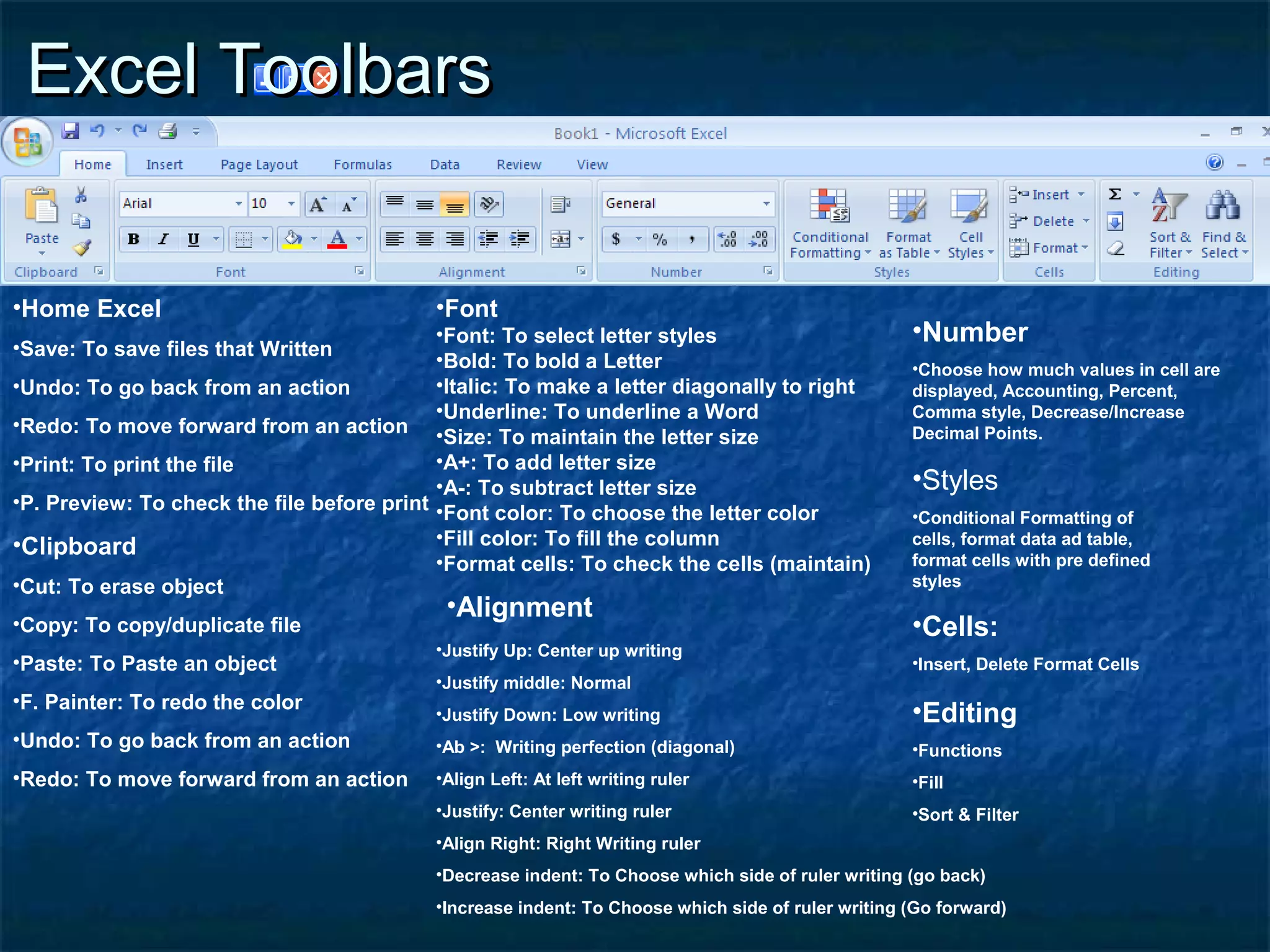 •Home Excel
•Save: To save files that Written
•Undo: To go back from an action
•Redo: To move forward from an action
•Print: To print the file
•P. Preview: To check the file before print
•Clipboard
•Cut: To erase object
•Copy: To copy/duplicate file
•Paste: To Paste an object
•F. Painter: To redo the color
•Undo: To go back from an action
•Redo: To move forward from an action
•Justify Up: Center up writing
•Justify middle: Normal
•Justify Down: Low writing
•Ab >: Writing perfection (diagonal)
•Align Left: At left writing ruler
•Justify: Center writing ruler
•Align Right: Right Writing ruler
•Decrease indent: To Choose which side of ruler writing (go back)
•Increase indent: To Choose which side of ruler writing (Go forward)
•Font
•Font: To select letter styles
•Bold: To bold a Letter
•Italic: To make a letter diagonally to right
•Underline: To underline a Word
•Size: To maintain the letter size
•A+: To add letter size
•A-: To subtract letter size
•Font color: To choose the letter color
•Fill color: To fill the column
•Format cells: To check the cells (maintain)
•Alignment
•Number
•Choose how much values in cell are
displayed, Accounting, Percent,
Comma style, Decrease/Increase
Decimal Points.
•Cells:
•Insert, Delete Format Cells
•Styles
•Conditional Formatting of
cells, format data ad table,
format cells with pre defined
styles
•Editing
•Functions
•Fill
•Sort & Filter
Excel ToolbarsExcel Toolbars
 