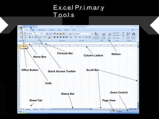 Sheet Tab
Status Bar
Zoom Control
Scroll Bar
Formula Bar
Name Box
Quick Access Toolbar
Office Button
Column Letters
Ribbon
Page View
Cells
E.x.c.e.l P.r.i.m.a.r.y
T.o.o.l.s
 