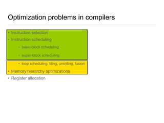 Optimization problems in compilers
• Instruction selection
• Instruction scheduling
• basic-block scheduling

• super-block scheduling
• loop scheduling: tiling, unrolling, fusion

• Memory hierarchy optimizations
• Register allocation

 