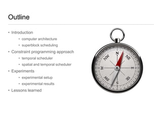 Outline
• Introduction
• computer architecture
• superblock scheduling

• Constraint programming approach
• temporal scheduler
• spatial and temporal scheduler

• Experiments
• experimental setup
• experimental results

• Lessons learned

 