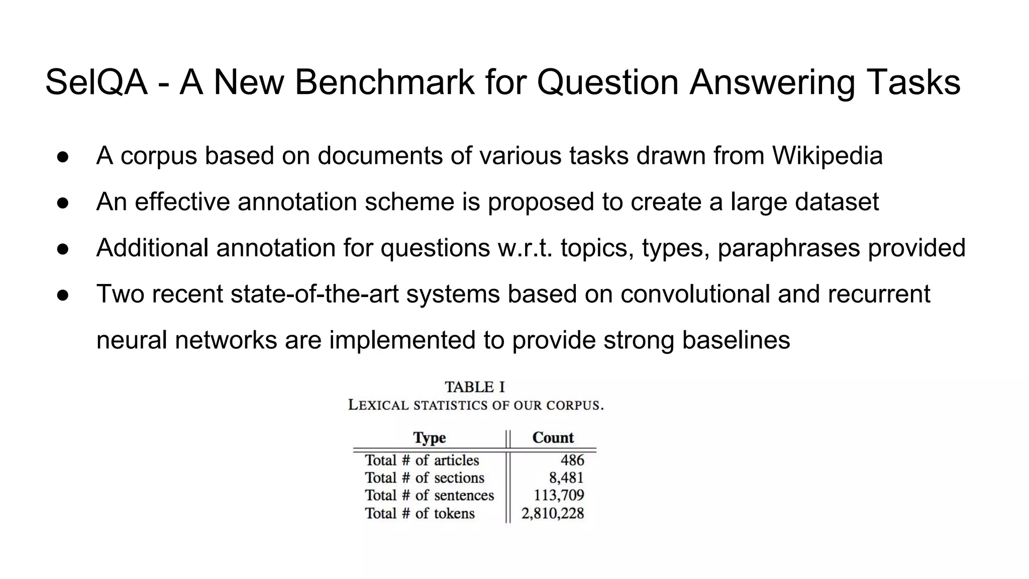 SelQA - A New Benchmark for Question Answering Tasks
● A corpus based on documents of various tasks drawn from Wikipedia
● An effective annotation scheme is proposed to create a large dataset
● Additional annotation for questions w.r.t. topics, types, paraphrases provided
● Two recent state-of-the-art systems based on convolutional and recurrent
neural networks are implemented to provide strong baselines
 