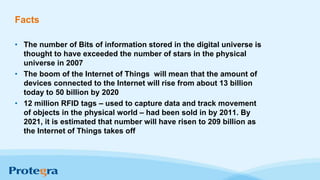 Facts
• The number of Bits of information stored in the digital universe is
thought to have exceeded the number of stars in the physical
universe in 2007
• The boom of the Internet of Things will mean that the amount of
devices connected to the Internet will rise from about 13 billion
today to 50 billion by 2020
• 12 million RFID tags – used to capture data and track movement
of objects in the physical world – had been sold in by 2011. By
2021, it is estimated that number will have risen to 209 billion as
the Internet of Things takes off
 